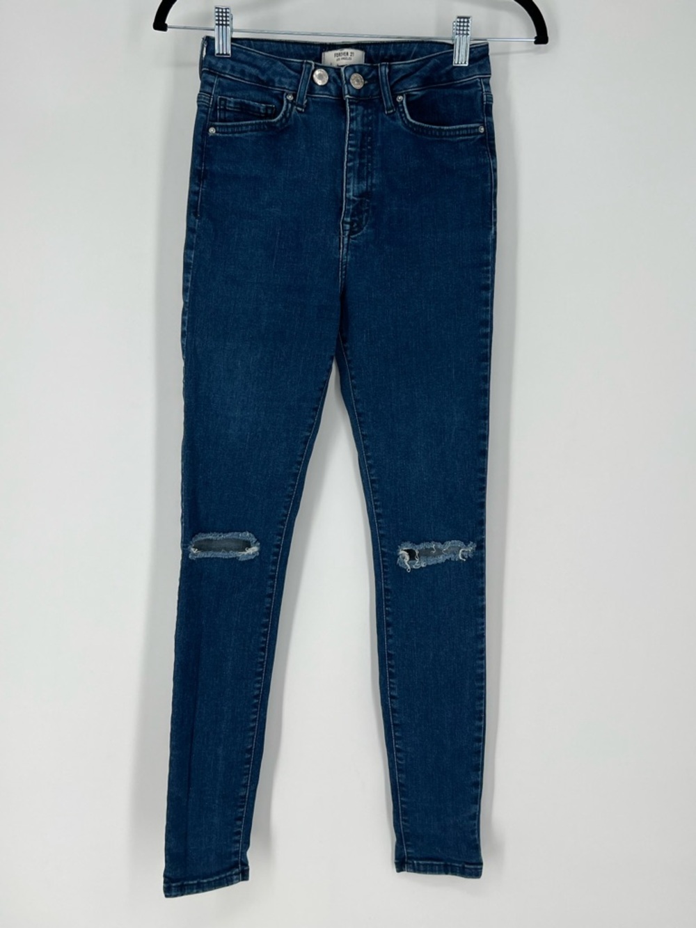 Forever 21 Dark Blue High-Rise Skinny Jeans‎ with Knee Rips